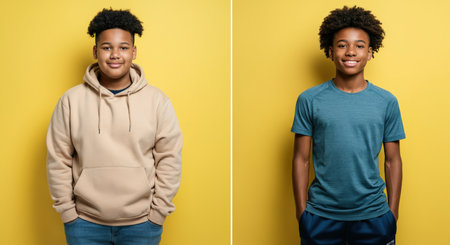Portraits of two young african descent teen males against vibrant yellow background for diversity campaignの素材