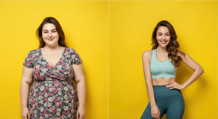 Embracing diversity in health and fitness with confident women on vibrant yellow backgroundの素材