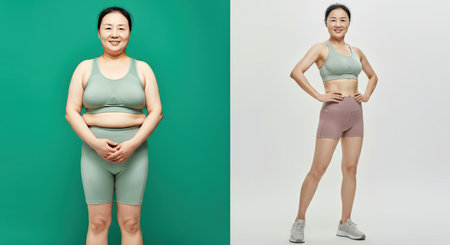 Transformation journey of mature asian woman in athletic wear highlighting fitness and confidenceの素材