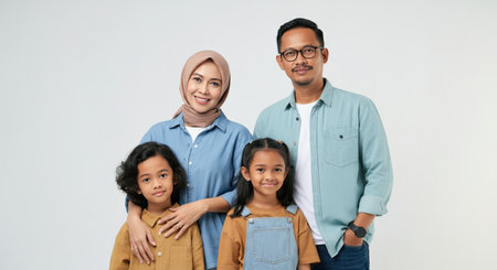 Happy asian family portrait featuring parents and children in casual clothes for community and family unity conceptの素材