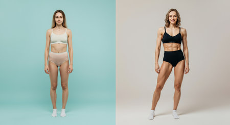 Fitness transformation of caucasian female adult before and after workout regimenの素材