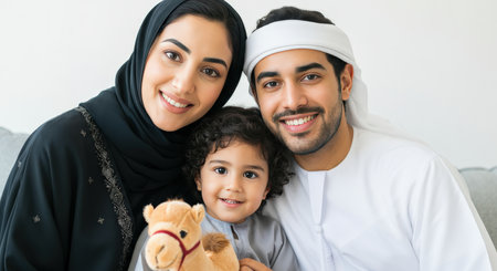 Happy middle eastern family with child and toy camel at homeの素材