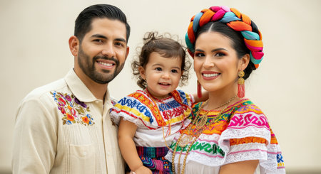 Hispanic family traditional attire celebration with embroidered clothing and colorful accessoriesの素材