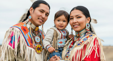 Native american family in traditional attire celebrating cultural heritageの素材