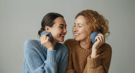 Joyful friendship moment between diverse young female friends in casual sweatersの素材