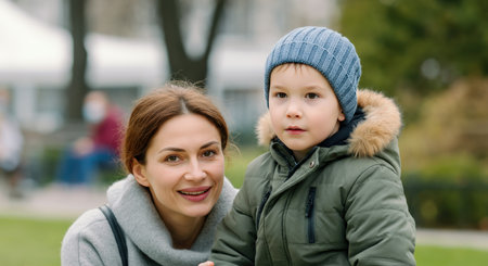 Mother and young son enjoying a day at the park in autumn attireの素材