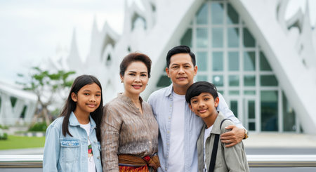 Happy asian family poses in front of a modern architectural building for a memorable day outの素材