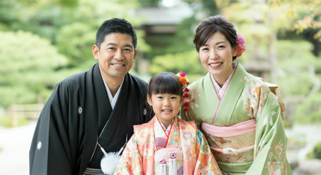 Family portrait in traditional japanese attire during a cultural celebrationの素材