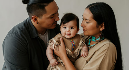 Native american family with young parents and baby celebrating cultural heritageの素材