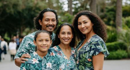 Happy family gathering in tropical setting with matching outfitsの素材