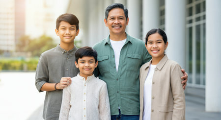 Happy asian family portrait outdoors featuring parents and children in casual attireの素材