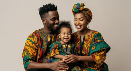 Happy african family in traditional attire celebrating togethernessの素材