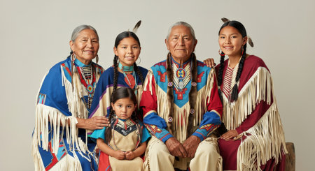 Native american family portrait in traditional attire celebrating cultural heritageの素材