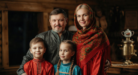 Traditional russian family portrait in colorful ethnic attire at homeの素材