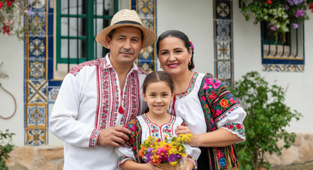 Cultural heritage celebration with hispanic family in traditional attireの素材