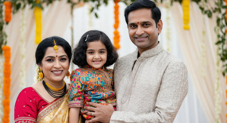 Indian family celebration portrait in traditional attire for festive occasionの素材