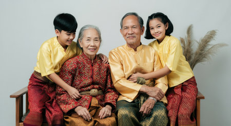 Asian family portrait in traditional attire celebrating cultural heritage across generationsの素材