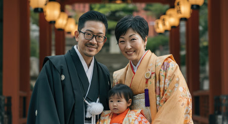 Traditional japanese family portrait in kimono at lantern-lit temple gatewayの素材
