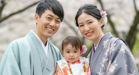 Family portrait during cherry blossom season in traditional japanese attireの素材
