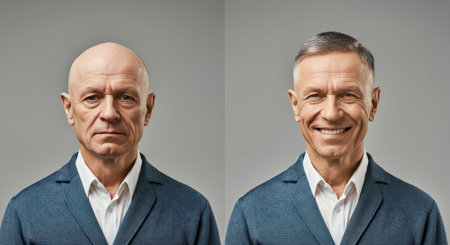 Contrast of expressions in mature caucasian men wearing blue jackets for emotional studyの素材