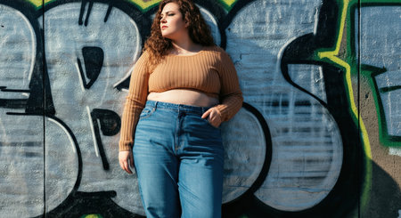 Confident young caucasian female posing against graffiti wall in urban settingの素材