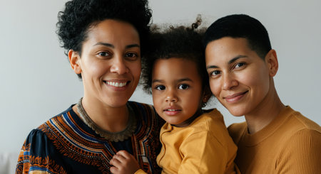 Diverse family portrait celebrating unity with two women and child for personal or commercial useの素材