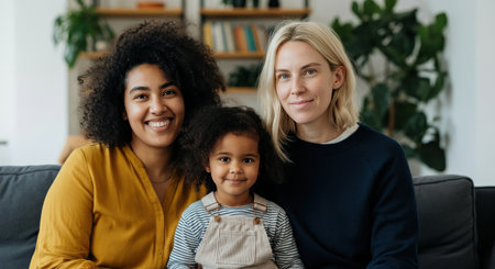Diverse family portrait of young african american and caucasian women with child in cozy home settingの素材