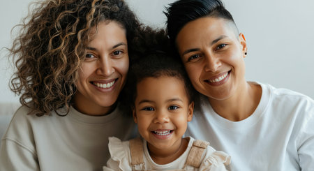 Happy multiracial family with mothers and daughter celebrating love and joyful togethernessの素材