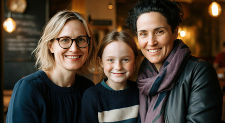 Diverse family portrait in cozy cafe setting highlighting warm smiles and bondingの素材