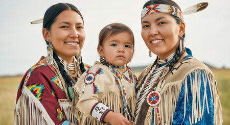 Native american family in traditional attire celebrating cultural heritage in natural settingの素材