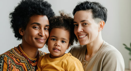 Multiracial family portrait celebrating diversity and love with parent and child smilingの素材