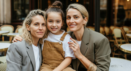Family bond of diverse females enjoying time at outdoor cafÃ©の素材