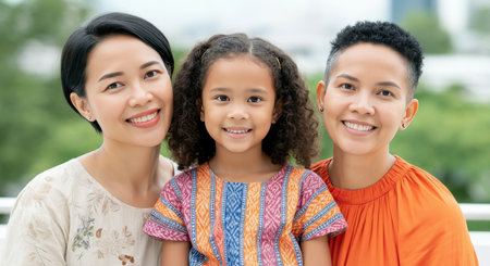 Multicultural family outdoor portrait with asian and black moms and young daughter, celebrating diversity and loveの素材