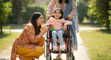 Mother and daughter bonding with family in a park, promoting inclusivity and diversityの素材