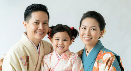 Family bonding in traditional japanese kimonos highlighting cultural heritageの素材