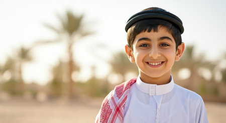 Joyful middle eastern boy in traditional attire celebrating cultural heritage outdoorsの素材