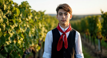 Young caucasian teen in traditional attire posing in vineyard at sunsetの素材