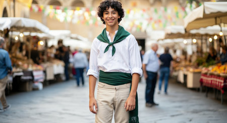 Young hispanic teen celebrating an outdoor market festival in traditional attireの素材