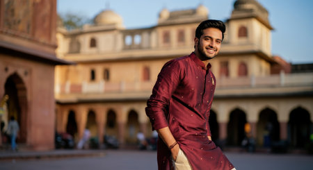 Young south asian male in traditional attire at historic indian architectureの素材