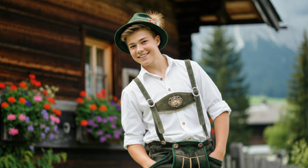 Young caucasian male in traditional bavarian attire smiling outdoors in alpine settingの素材