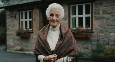 Elderly caucasian woman in traditional shawl standing outside rustic stone houseの素材