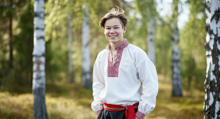 Young caucasian teen in traditional slavic attire in forest setting for cultural heritage and nature themeの素材