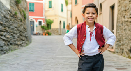 Charming young hispanic boy smiling in traditional outfit on quaint european streetの素材