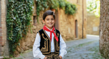 Young boy in traditional european costume smiling in quaint village streetの素材