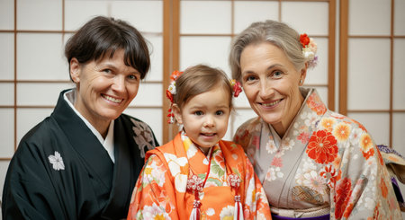 Multigenerational family in traditional japanese attire celebrating cultural heritageの素材