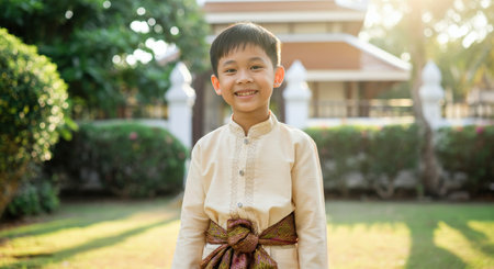 Joyful young asian boy in traditional dress outdoors at sunsetの素材
