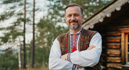 Mature caucasian man in traditional eastern european attire standing by wooden cabin in natureの素材