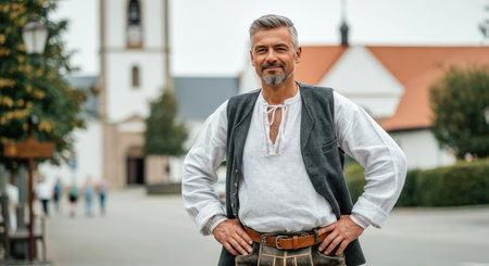 Mature caucasian man in traditional bavarian clothing standing confidently outdoorsの素材