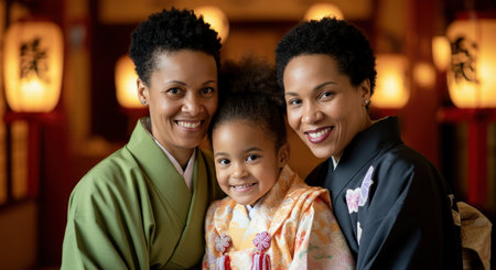 Multiracial family in traditional kimono embracing cultural heritage indoorsの素材