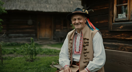 Elderly caucasian man in traditional eastern european garment in rustic village settingの素材